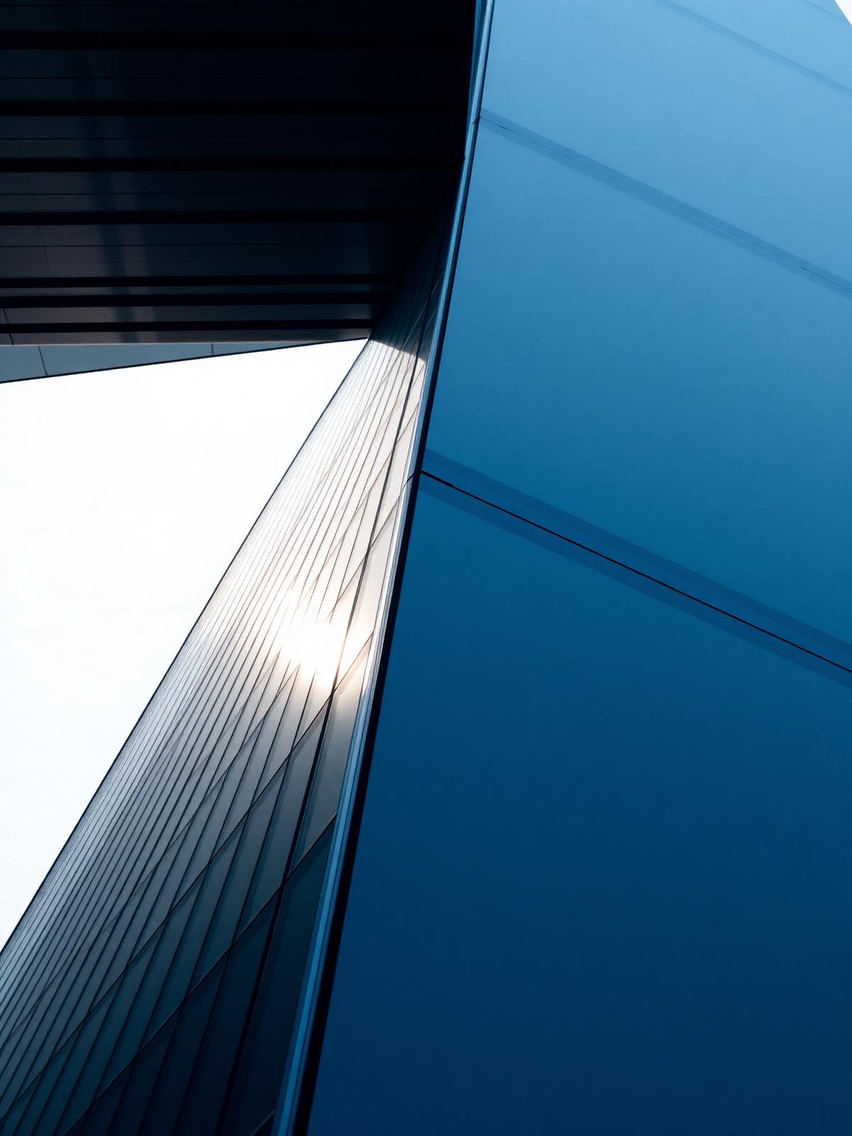 Minimalist architectural detail of a glass and steel skyscraper with precise shadows